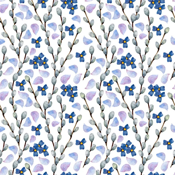 Spring watercolor seamless pattern. Background of willow branches of delicate petals and small blue flowers