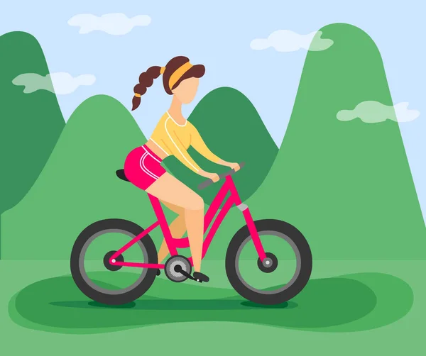 Kız dağlarda bisiklet sürüyor. — Stok Vektör