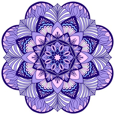 Süslü mandala, çiçek elementleri, yapraklar ve sadeleştirilmiş güneş. Vektör illüstrasyonu