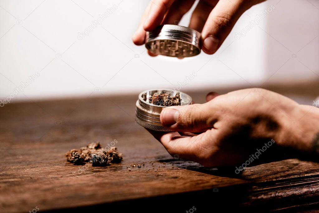 Two hands using a marihuana grinder to shred the buds before rolling a joint. White background with copy space. Cannabis is used a pain relief and is recommended for medical purposes in some countries.