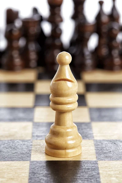 Wooden bishop chess piece white on chessboard — Stock Photo, Image