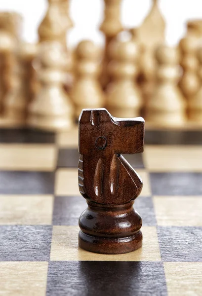 Hölzerne Ritter braune Schachfigur schwarz auf Schachbrett — Stockfoto