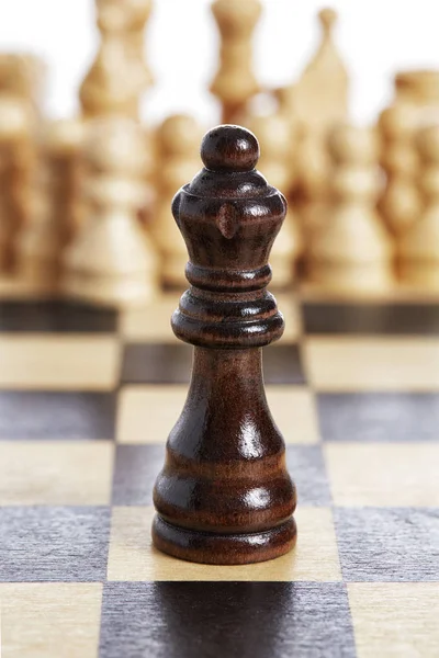Reina de madera pieza de ajedrez marrón negro en tablero de ajedrez — Foto de Stock