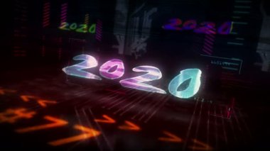 2020 yıllık fütürist siber punk tarzı illüstrasyon. Soyut modern siber şehir 3D arıza etkisi yaratıyor. Modern tasarım siber uzay girişi.