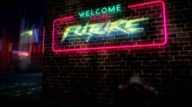 Sanal şehirde geleceğin hologramı ve neonu. Gelecekçi siber punk tarzı animasyon. Modern soyut sanat 3D giriş ve arıza efekti. Bilim kurgu, Sanal alan, bilim ve dijital dünya kavramı.