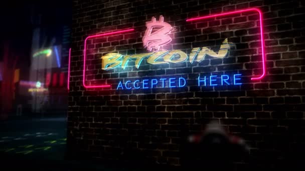 Bitcoin Burada Hologram Neon Kabul Edildi Gelecekçi Siber Punk Tarzı — Stok video