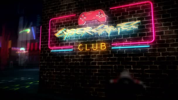 サイバーゲームクラブのホログラムとサイバーシティのネオン 未来的なサイバーパンクスタイルのイラスト グリッチ効果のある現代抽象アート3Dレンダリング レトロゲーム スポーツ コンソールゲームのコンセプト — ストック動画