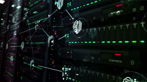 Centre de données futuriste avec intelligence artificielle, cerveau cybernétique, ordinateur de réseau neuronal, symboles d'apprentissage automatique. Salle de serveurs moderne numérique sans couture boucle 3d rendu concept animation .