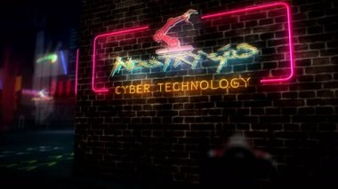 Endüstri 4.0 hologram ve neon. Gelecekçi siber punk tarzı animasyon. Modern soyut sanat 3D giriş ve arıza efekti. Yenilik, iş, otomatikleştirme ve siber teknoloji kavramı.