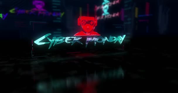 Cyber Δευτέρα Πώληση Φουτουριστικό Cyberpunk Στυλ Animation Αφηρημένη Σύγχρονη Κυβερνοπόλη — Αρχείο Βίντεο