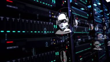 Modern sunucu odasında siber oyun, esport, video sporu ve ödül sembolleri var. Fütürist dijital döngü ve pürüzsüz 3D canlandırma kavramı animasyonu.