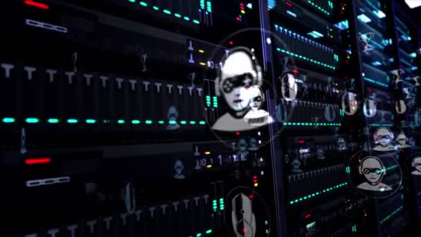 Salle de serveurs modernes avec des symboles de cyber-jeu, d'esport, de sport vidéo et de symboles de récompenses. Futuriste numérique bouclable et transparente animation de concept de rendu 3D .