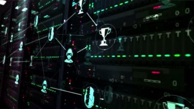 Siber oyun, esport, video sporu ve ödül sembolleriyle gelecekteki veri tabanında. Modern sunucular odası dijitalsiz 3D canlandırma konsepti canlandırması.