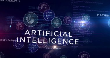 Yapay zeka, sinirsel ağ bilgisayarı, sibernetik beyin, derin makine öğrenme sembolleri 3 boyutlu soyut tasvir çizimi. Siber simgeler gelecekteki dijital arkaplan.