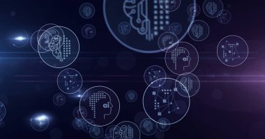 Yapay zeka, sinirsel ağ bilgisayarı, sibernetik beyin, derin makine öğrenme sembolleri 3 boyutlu soyut tasvir çizimi. Siber simgeler gelecekteki dijital arkaplan.