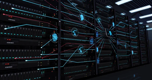 Endüstri 4.0 veri tabanı. Yenilik, robot bilimi, siber iş, iot, otomat, suni zeka sembolleri 3 boyutlu resimleme kavramı. Sunucu raflarındaki teknolojik genişleme metaforu.