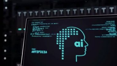 Veri tabanında yapay zeka sembolleri. Yapay zeka konsepti, sinirsel ağ, sibernetik beyin, derin makine öğrenme 3D canlandırma animasyonu. Sunucu raflarında yapay zeka genişlemesi.