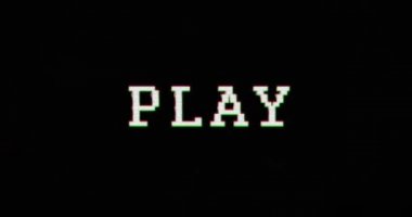 Hasarlı retro televizyon arka planında çarpıtılmış metni oynat. Gürültü ve arıza efektli müzik veya video oynatıcı soyut konsept. Kusursuz ve 3D döngülü canlandırma canlandırması.