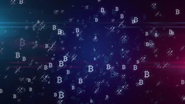 Bitcoin, Kryptowährungs-Mining, Cyber-Banking, Geld, Blockchain-Technologie Symbole nahtlose und lückenlose digitale Hintergrund. Abstrakte Blase Symbole Konzept Animation 3D-Rendering.