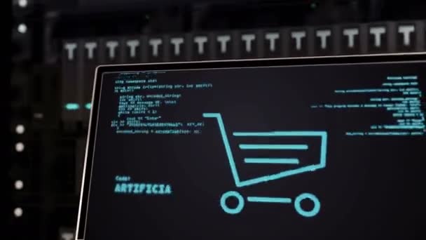 数据中心上的数字营销符号 网上购物 网上交易 网店和电子商务3D渲染动画的概念 服务器架子上的扩展 — 图库视频影像