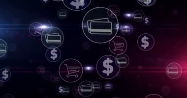 Dijital pazarlama, çevrimiçi alışveriş, internet işi, siber mağaza ve ekommerce sembolleri soyut kavram animasyonu. Siber simgeler döngüsüz gelecekten gelen dijital arkaplan.