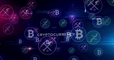 Bitcoin, siber bankacılık, para, kripto para madenciliği, engelleme teknolojisi sembolleri soyut kavram animasyonu. Siber simgeler döngüsüz gelecekten gelen dijital arkaplan.