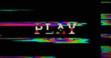Play symbol distorted text on damage retro tv background. Music or video player abstract concept with noise and glitch effect. 3d rendering illustration. clipart