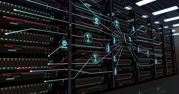 Veri tabanında siber oyun ve esport simgesi. Video sporu ve oyun ödülleri konsepti 3 boyutlu resimleme sembolleri. Sunucu raflarında teknoloji genişlemesi.