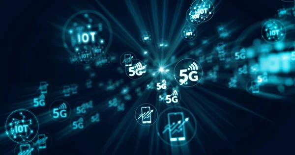 5G, iot, mobil iletişim, nesnelerin interneti ve üç boyutlu resimleme sunan soyut kavramsal kablosuz ağ sembolleri. Siber simgeler geleceksel derin bulanık arkaplan.