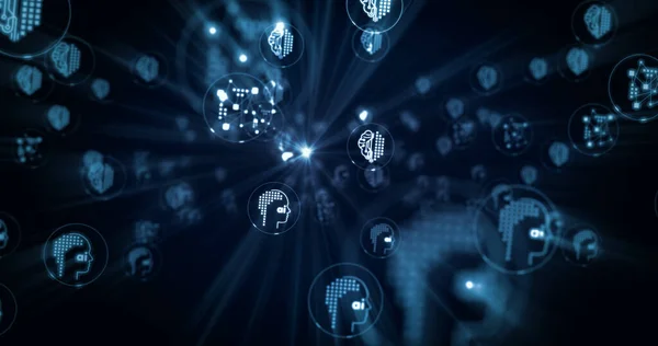 Yapay zeka, sinirsel bilgisayar ağı, sibernetik beyin ve derin makine öğrenme sembolleri soyut kavramları 3D resimleme. Siber simgeler geleceksel arkaplan.