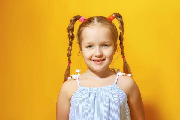 Un retrato de cerca de una niña alegre con coletas fuera de su pelo sobre un fondo amarillo. El niño sonríe y mira a la cámara —  Fotos de Stock