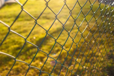 A chain link fence in front of a grass lawn. clipart