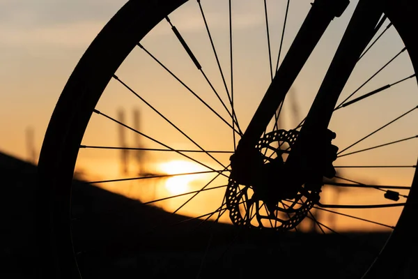 Perfil Una Rueda Bicicleta Con Frenos Disco Atardecer — Foto de Stock