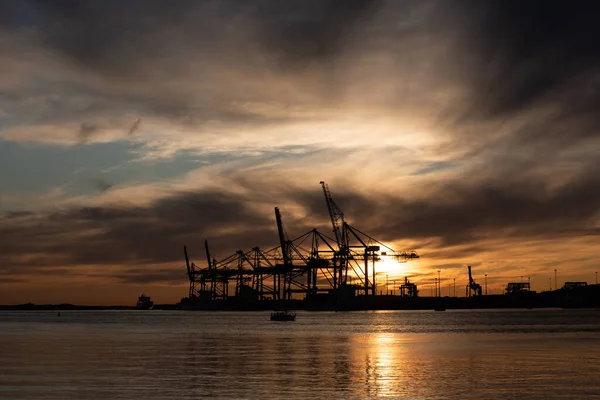 Große Containerkräne Von Schiff Land Bei Sonnenuntergang — Stockfoto