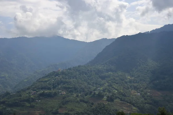 Mountain Landscape Covered Green Trees Plants Heavy Cloudy Sky Sikkim — 스톡 사진