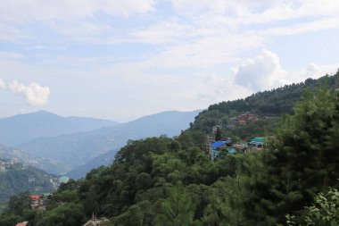 Yeşil ağaçlarla kaplı dağ manzarası ve Hindistan 'ın Sikkim şehrinde ağır bulutlu gökyüzü olan bitkiler