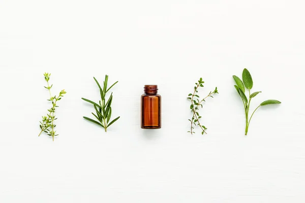 Bottle of essential oil with  fresh herbal sage, rosemary, lemon — Stock Photo, Image