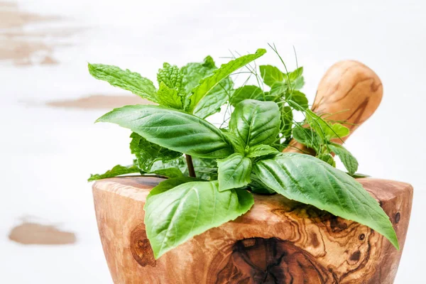 Alternativní medicína čerstvé bylinky v dřevěném hmoždíři. Potraviny ing — Stock fotografie
