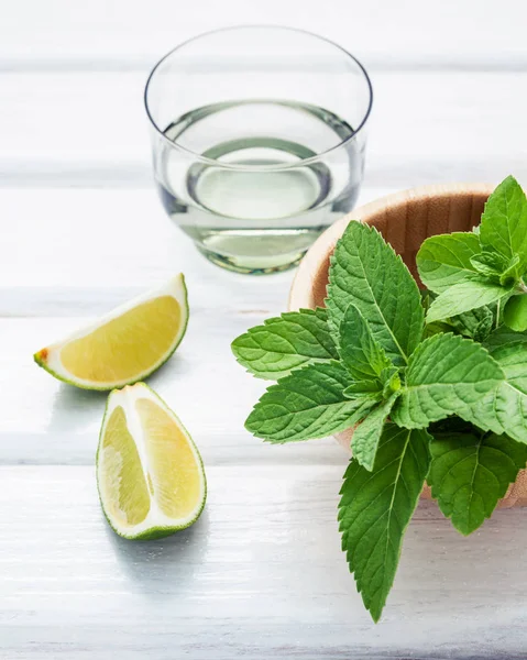 Mojito nane yapmak için malzemeler bırakır, limon dilimleri ve