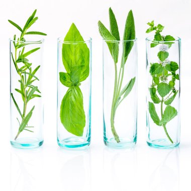 Uçucu yağlar taze otlar ile şişe kapatın. Adaçayı, gül