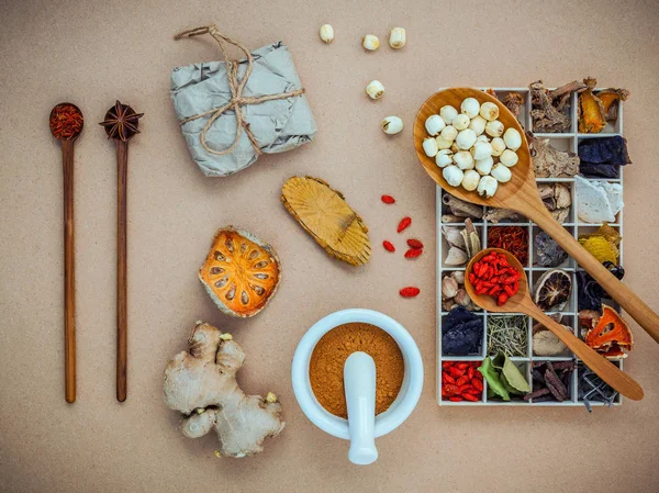 Alternative health care and herbal medicine. Dried various Chine