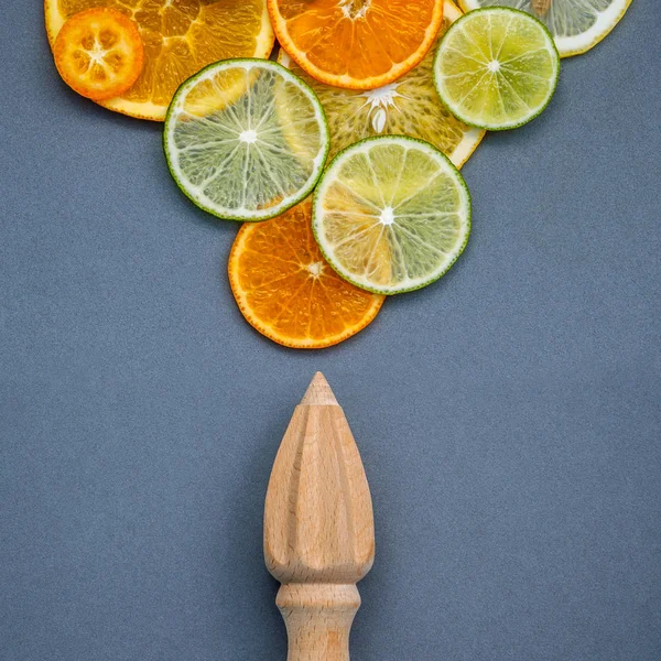 Frutas cítricas frescas misturadas e espremedor de madeira para citrinos de verão ju — Fotografia de Stock