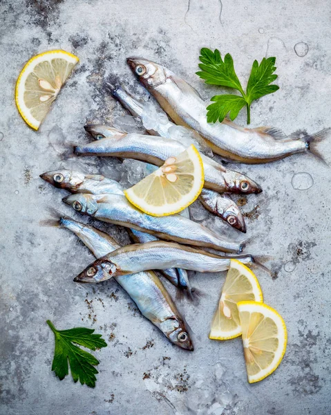 Čerstvé úlovky Shishamo ryb plně vejce plochý ležela na omšelé kovových ba — Stock fotografie