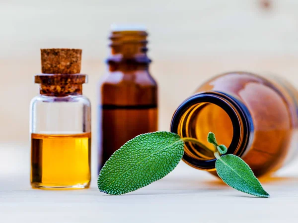 Closeup bottles of sage essential oil for aromatherapy with sage — Stock Photo, Image