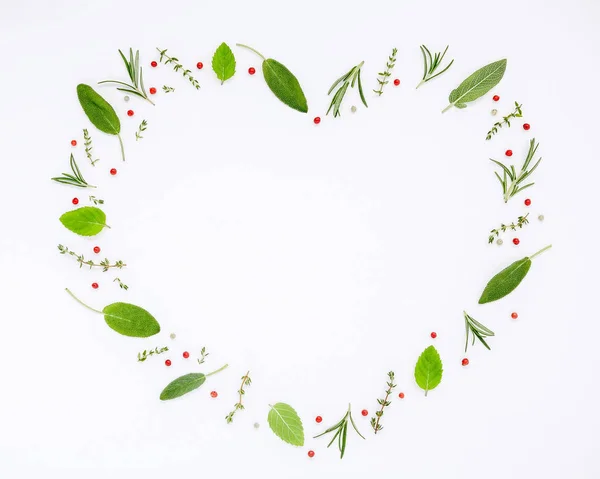 Cadre en forme de coeur diverses herbes fraîches romarin, sauge, thym et — Photo
