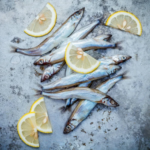 Taze catch Shishamo balık tam yumurta düz eski püskü metal ba üzerinde yatıyordu.