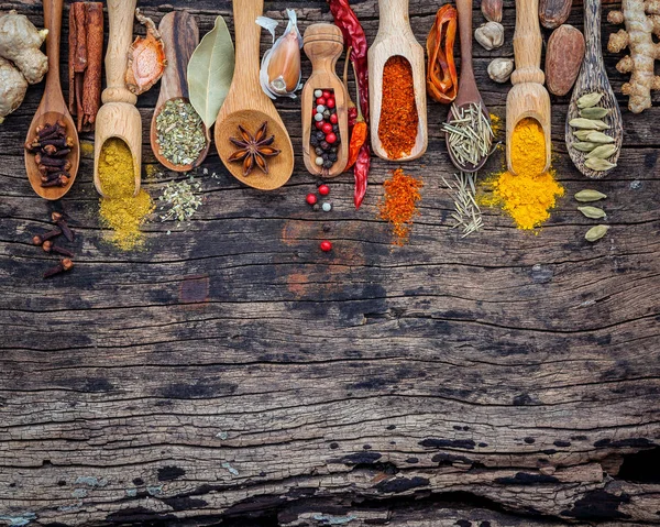 Berbagai rempah-rempah dan rempah-rempah dalam sendok kayu. Rata berbaring rempah-rempah — Stok Foto