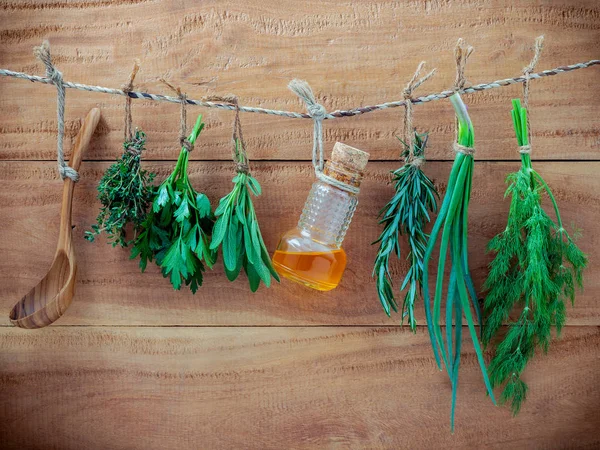 Various herbs hanging on shabby wooden background.  Parsley ,ore — Stock Photo, Image