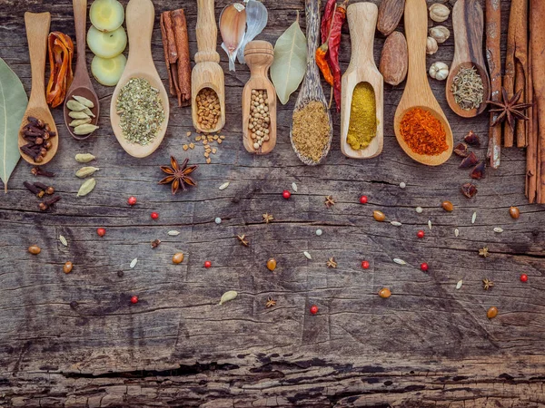Varie spezie ed erbe aromatiche in cucchiai di legno. Posa piatta di spezie — Foto Stock