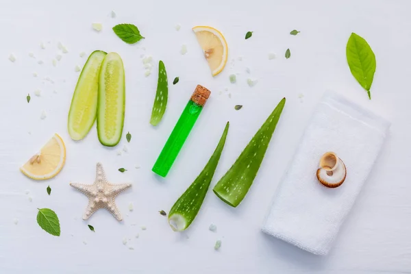 Cura della pelle fatta in casa con ingredienti naturali aloe vera, limone sli — Foto Stock